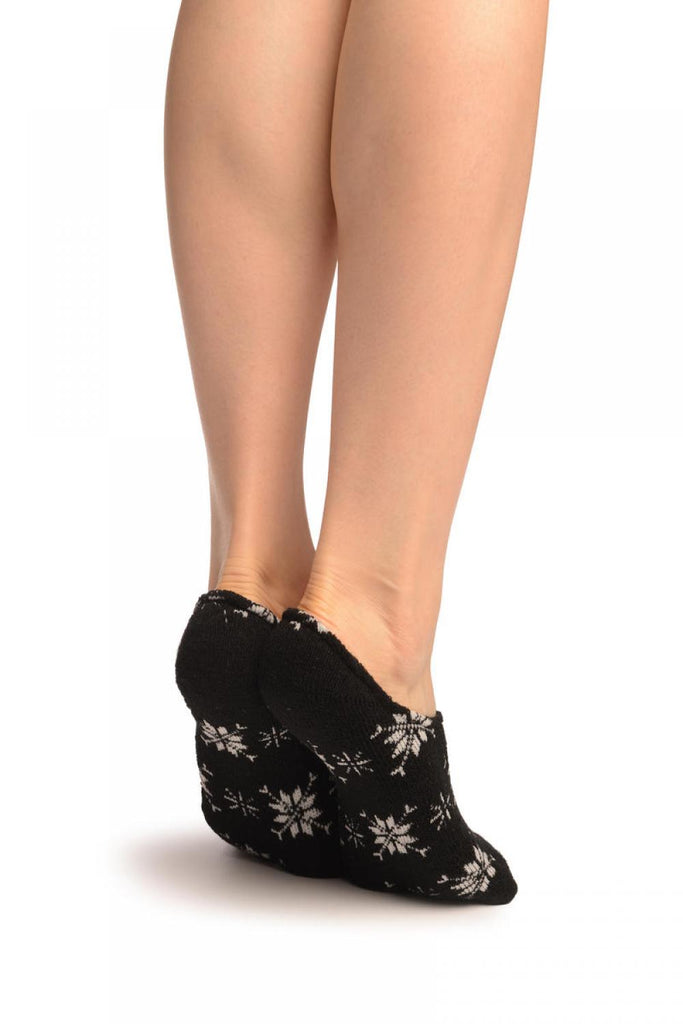 Liss Kiss White Snowflakes On Black Angora Footies Socks - Footsies Socks