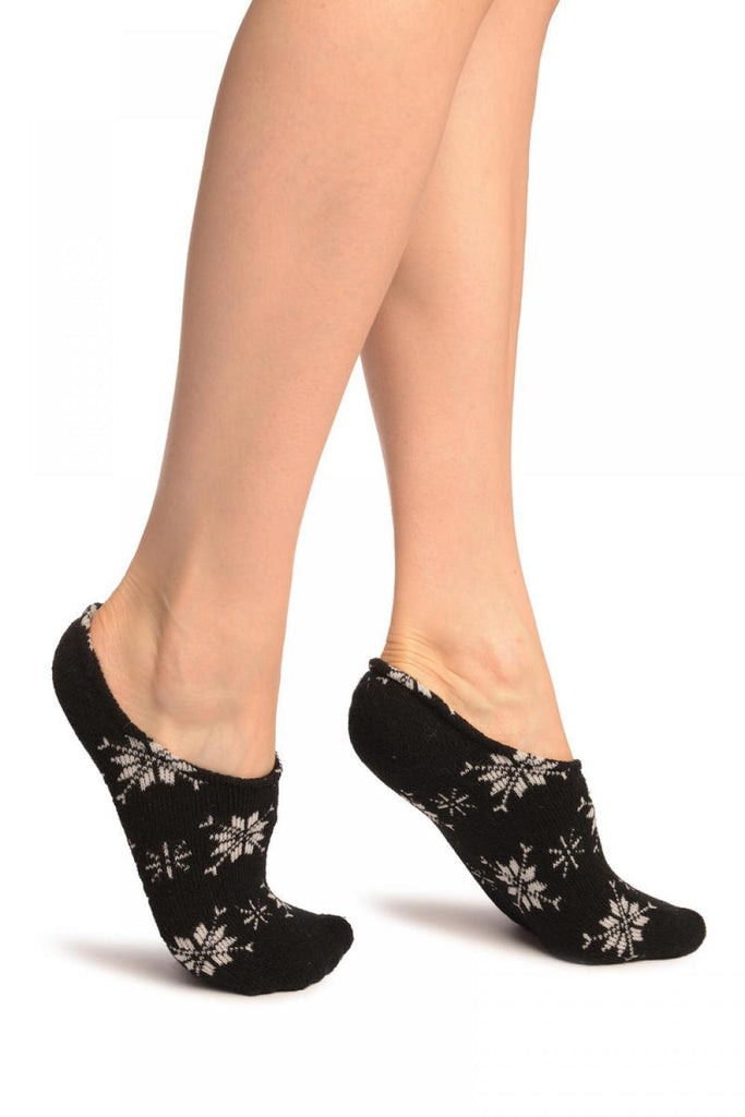 liss kiss White Snowflakes On Black Angora Footies Socks - Footsies Socks