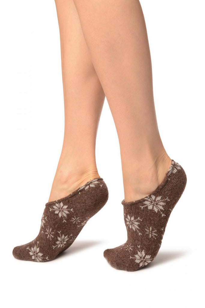 Liss Kiss White Snowflakes On Brown Angora Footies Socks - Footsies Socks