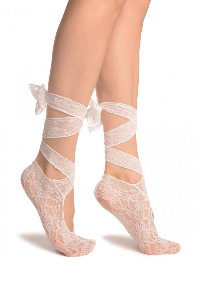 liss kiss White Stretch Lace Ballet Pointe Footies - Footsies Socks
