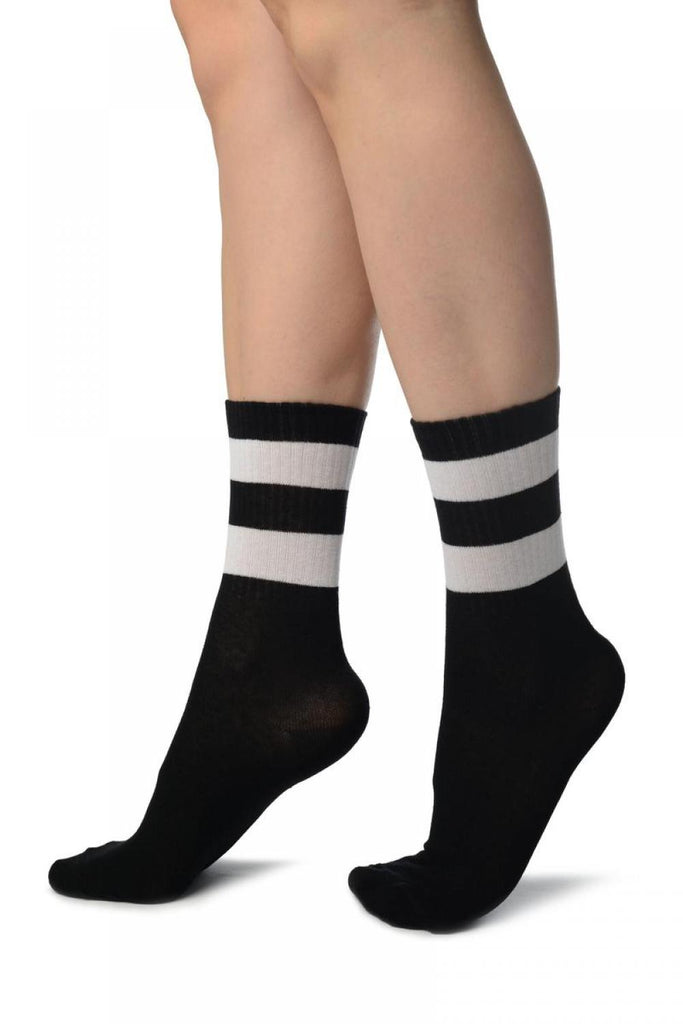 Liss Kiss White Stripes On Black (Referee) Ankle High Socks - Socks