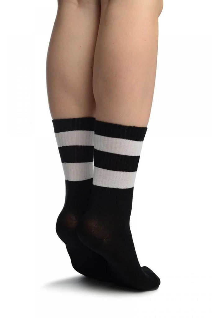 Liss Kiss White Stripes On Black (Referee) Ankle High Socks - Socks
