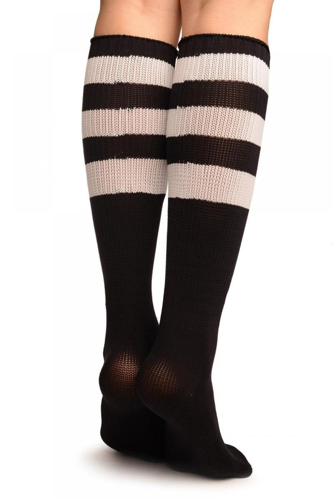 Liss Kiss White Stripes On Black (Referee) Socks Knee High - Socks