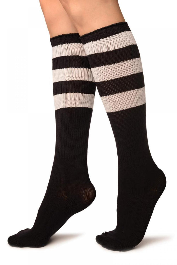 Liss Kiss White Stripes On Black (Referee) Socks Knee High - Socks