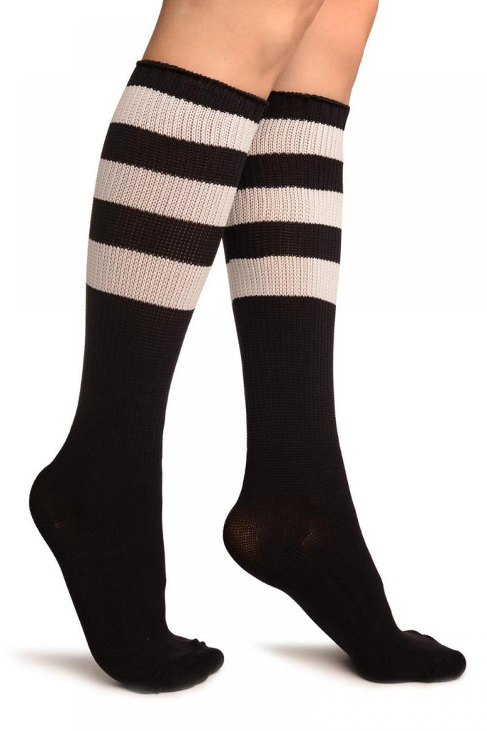 liss kiss White Stripes On Black (Referee) Socks Knee High - Socks
