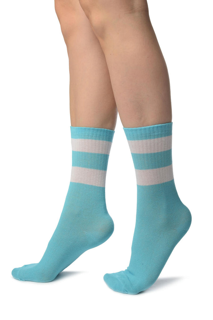 Liss Kiss White Stripes On Blue (Referee) Ankle High Socks - Socks
