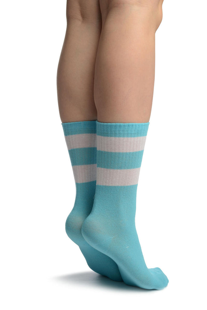 Liss Kiss White Stripes On Blue (Referee) Ankle High Socks - Socks