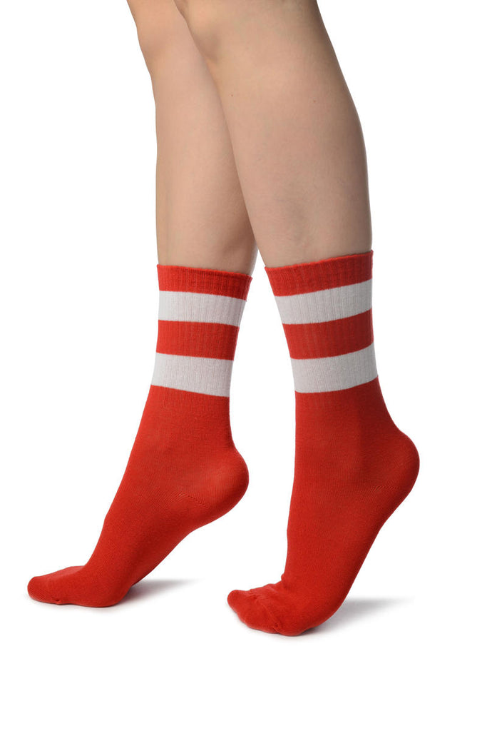 Liss Kiss White Stripes On Red (Referee) Ankle High Socks - Socks