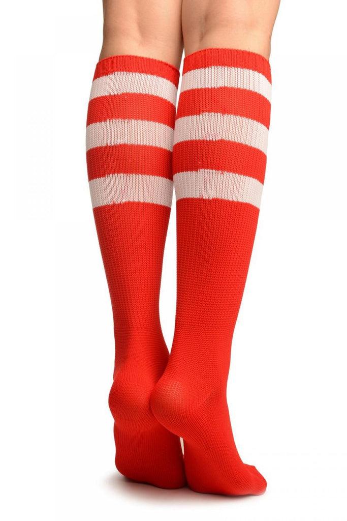 Liss Kiss White Stripes On Red (Referee) Socks Knee High - Socks