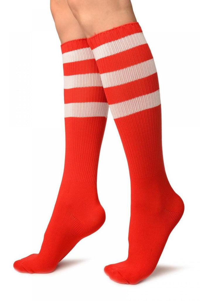 Liss Kiss White Stripes On Red (Referee) Socks Knee High - Socks