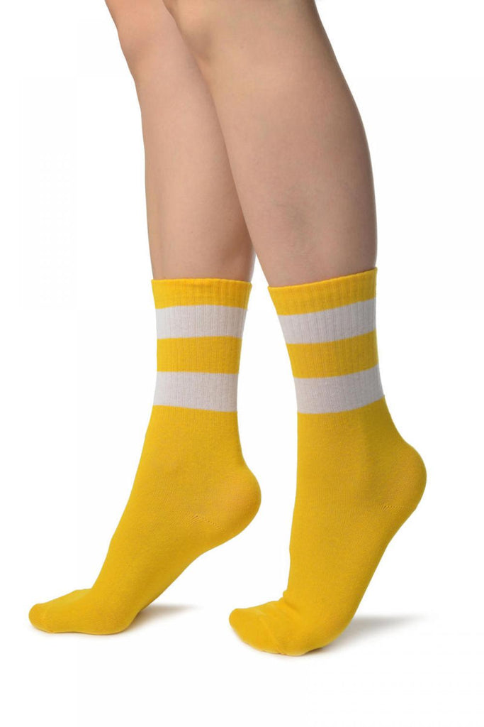 Liss Kiss White Stripes On Yellow (Referee) Ankle High Socks - Socks