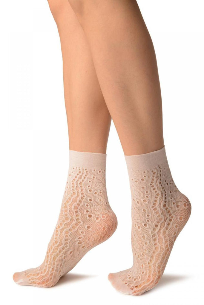 Liss Kiss White Swirls & Dimonds Lace Socks Ankle High - Socks