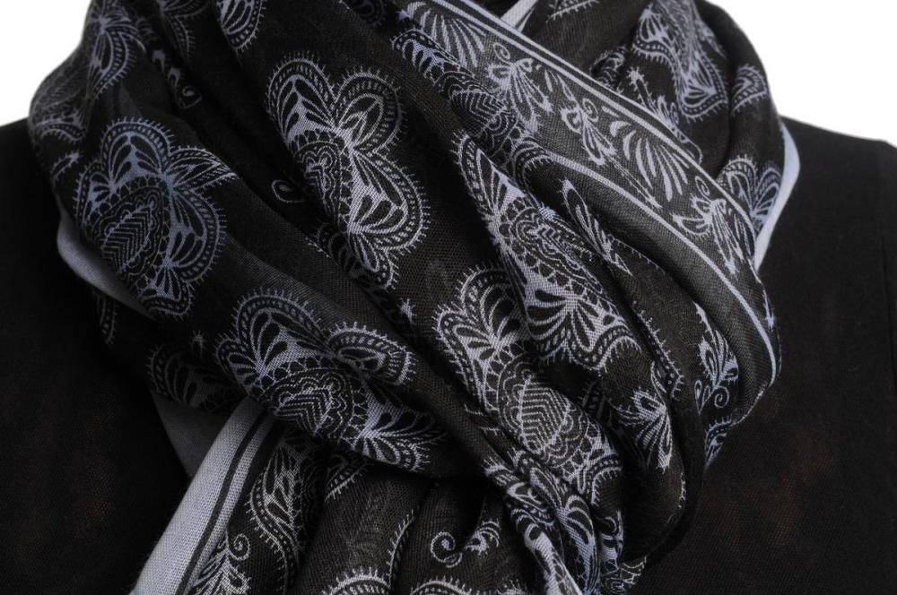 Liss Kiss White Turkish Flowers On Black Unisex Scarf & Beach Sarong - Scarf