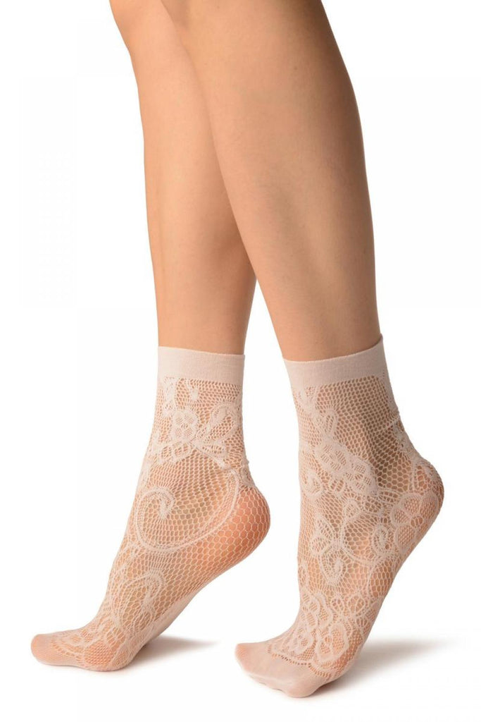 Liss Kiss White Violet Flowers Lace Socks Ankle High - Socks