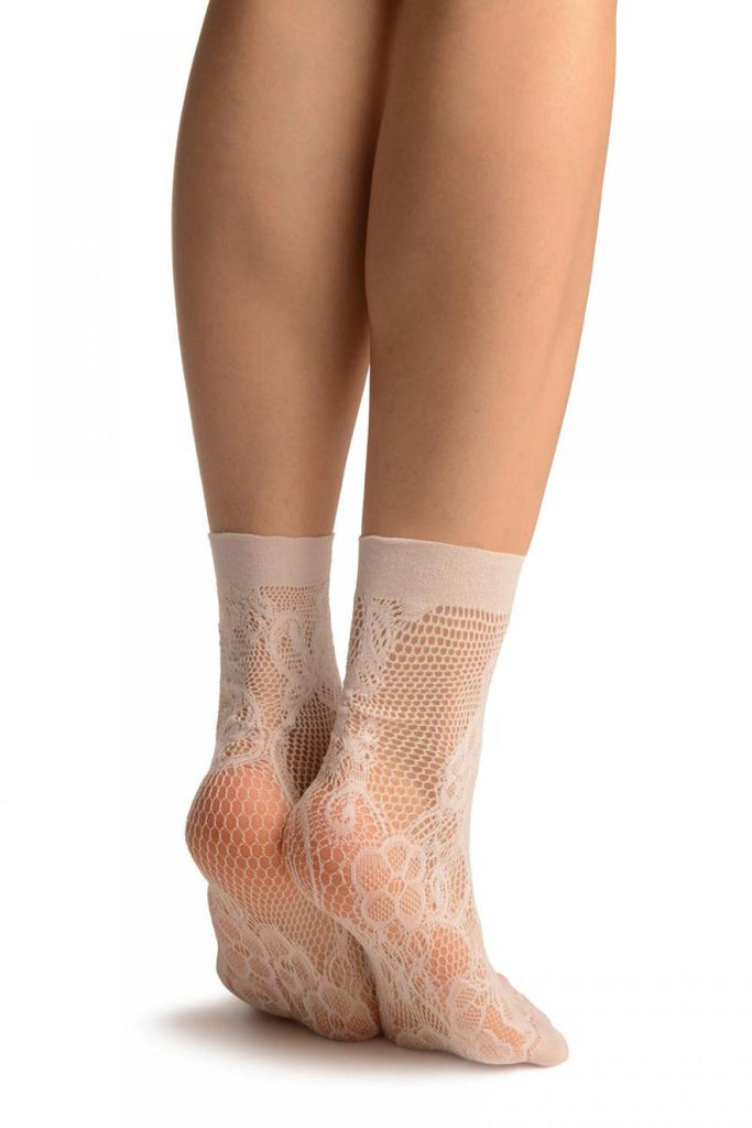 Liss Kiss White Violet Flowers Lace Socks Ankle High - Socks