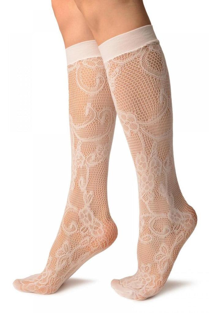 Liss Kiss White Violet Flowers Lace Socks Knee High - Socks