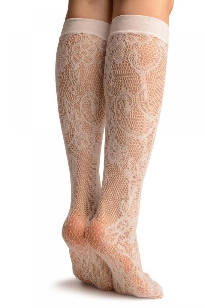 Liss Kiss White Violet Flowers Lace Socks Knee High - Socks