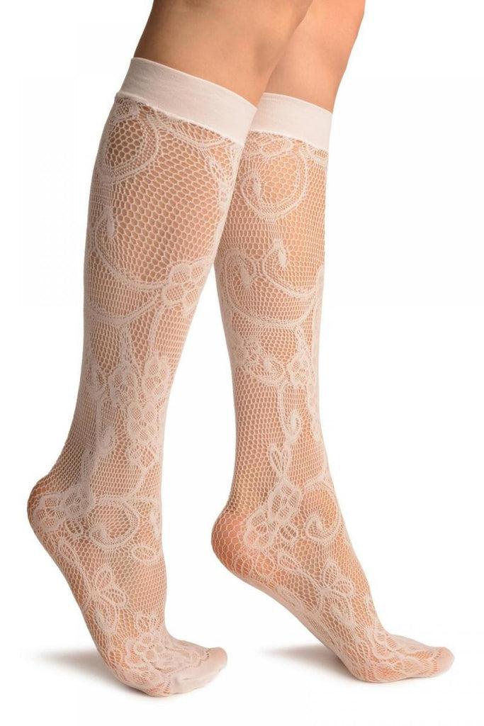 liss kiss White Violet Flowers Lace Socks Knee High - Socks