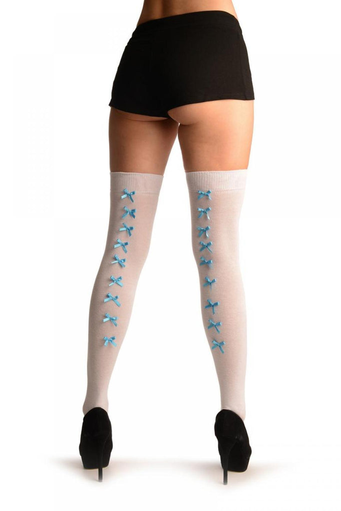 Liss Kiss White With Azure Blue Satin Bows At The Back - Over The Knee Socks