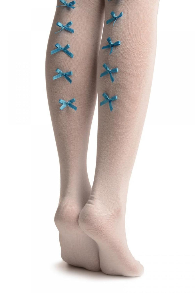 Liss Kiss White With Azure Blue Satin Bows At The Back - Over The Knee Socks