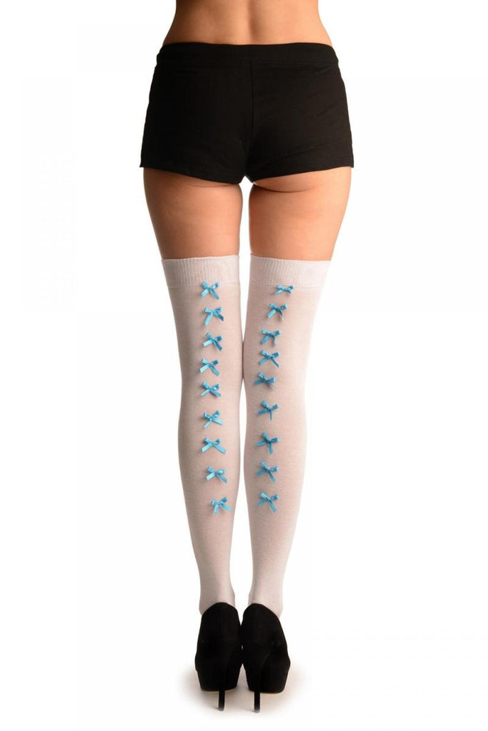 Liss Kiss White With Azure Blue Satin Bows At The Back - Over The Knee Socks