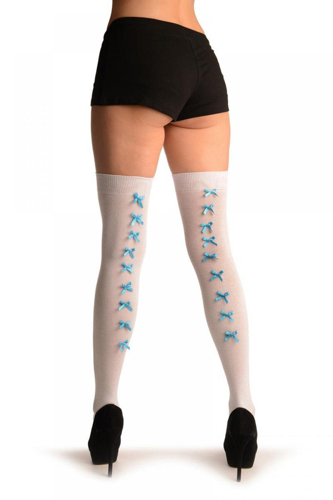 Liss Kiss White With Azure Blue Satin Bows At The Back - Over The Knee Socks
