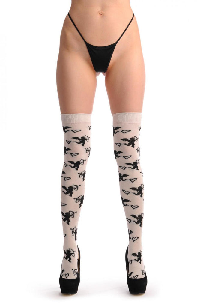 Liss Kiss White With Black Cupid Angels - Over The Knee Socks