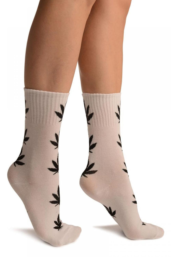 Liss Kiss White With Black Leaves Ankle High Socks - Socks