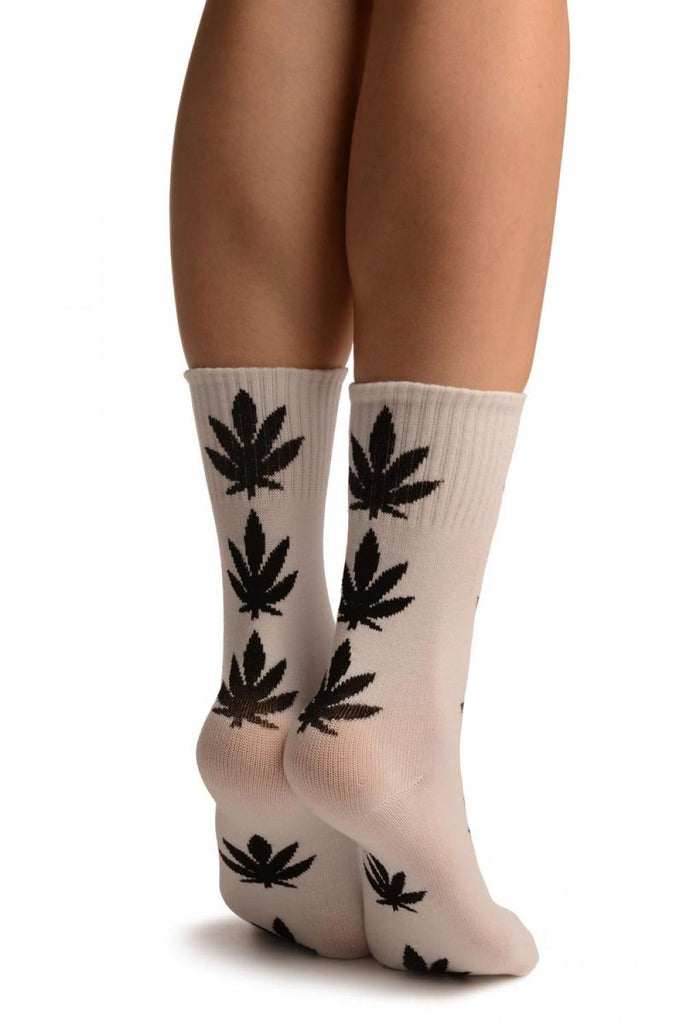 Liss Kiss White With Black Leaves Ankle High Socks - Socks