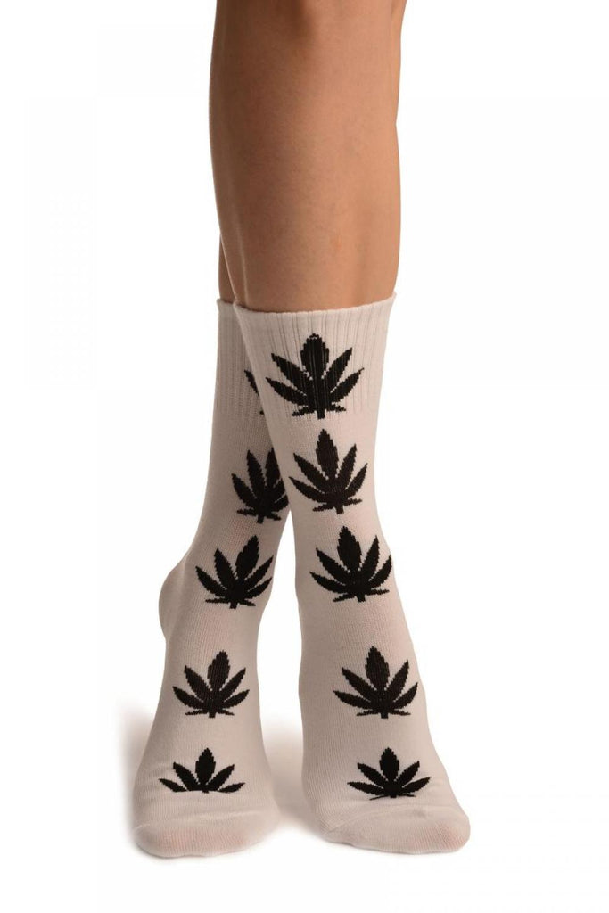 liss kiss White With Black Leaves Ankle High Socks - Socks