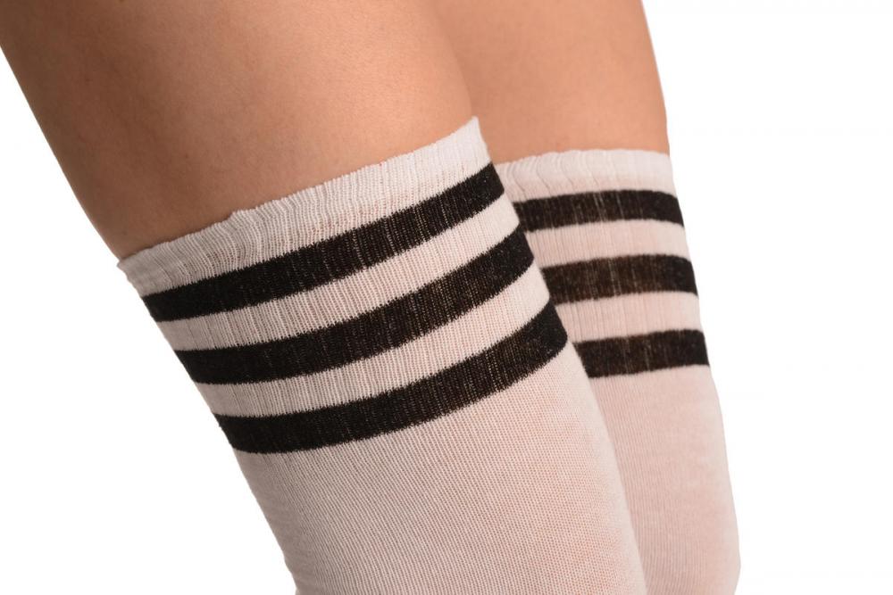 Liss Kiss White With Black Striped Top - Over The Knee Socks