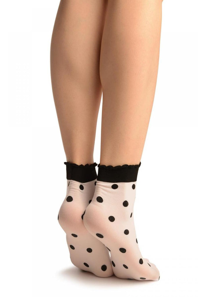 Liss Kiss White With Black Woven Polka Dots Ankle High Socks - Socks