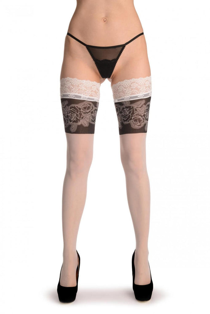 Liss Kiss White With Black Woven Roses Top 20 Den - Hold Ups