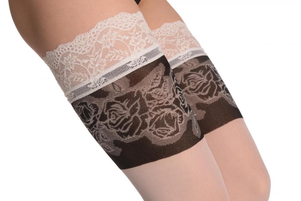 Liss Kiss White With Black Woven Roses Top 20 Den - Hold Ups