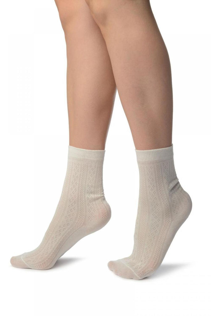 Liss Kiss White With Crocheted Stripes Ankle High Socks - Socks