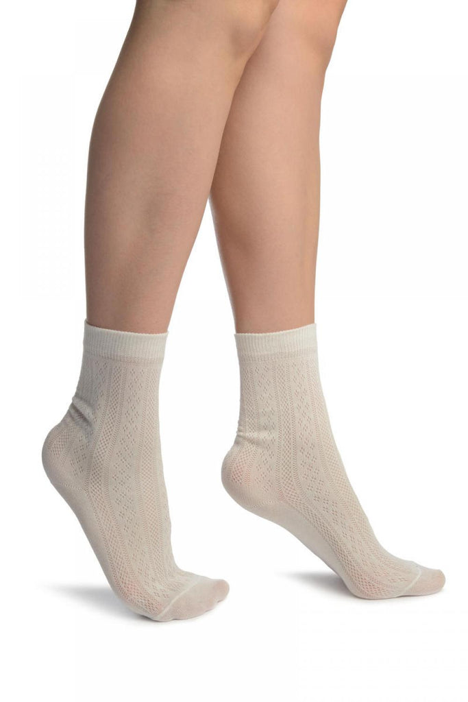 liss kiss White With Crocheted Stripes Ankle High Socks - Socks