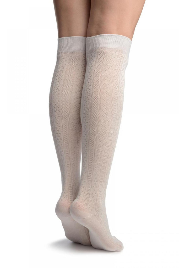Liss Kiss White With Crocheted Stripes Knee High Socks - Socks