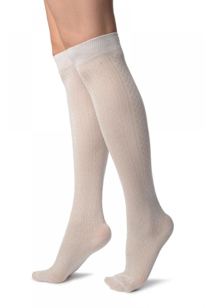 Liss Kiss White With Crocheted Stripes Knee High Socks - Socks