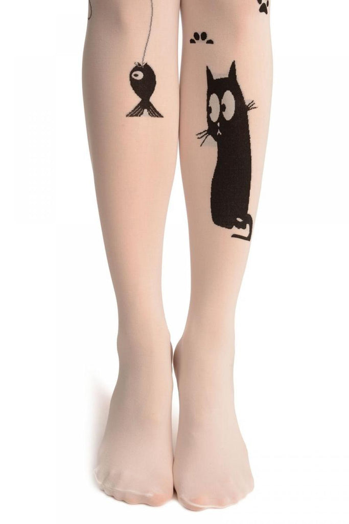 Liss Kiss White With Cute Cat Looking At Wish - Tights