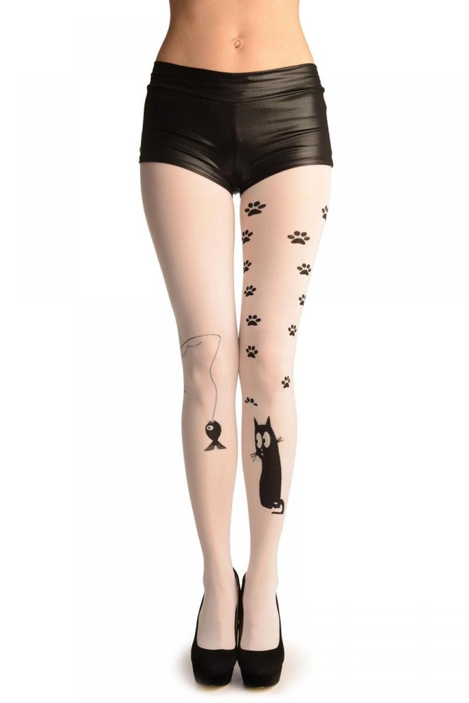 liss kiss White With Cute Cat Looking At Wish - Tights