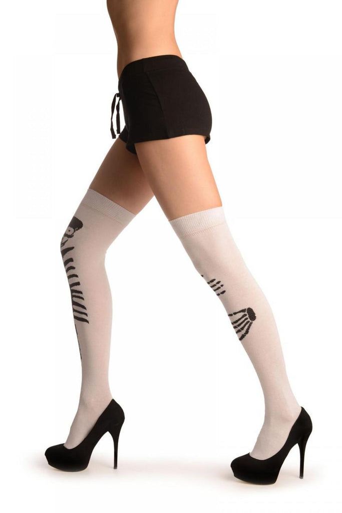 Liss Kiss White With Cute Hugging Skeleton (Halloween) - Over The Knee Socks