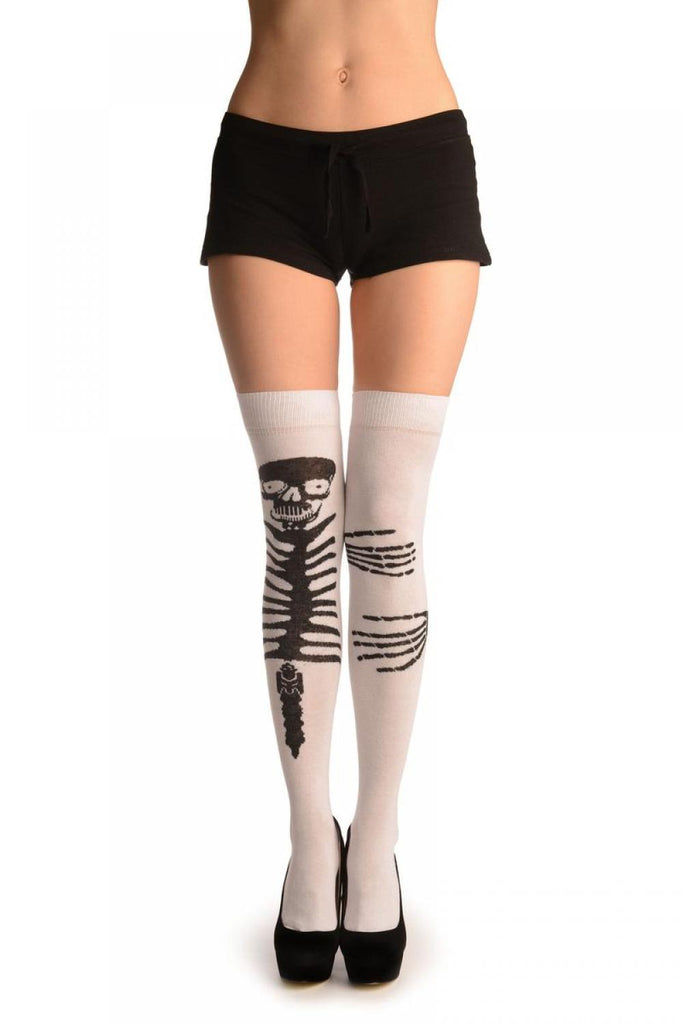 liss kiss White With Cute Hugging Skeleton (Halloween) - Over The Knee Socks