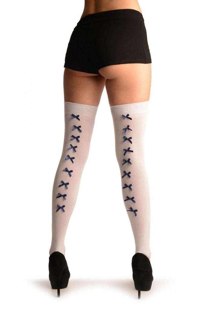 Liss Kiss White With Dark Blue Satin Bows At The Back - Over The Knee Socks