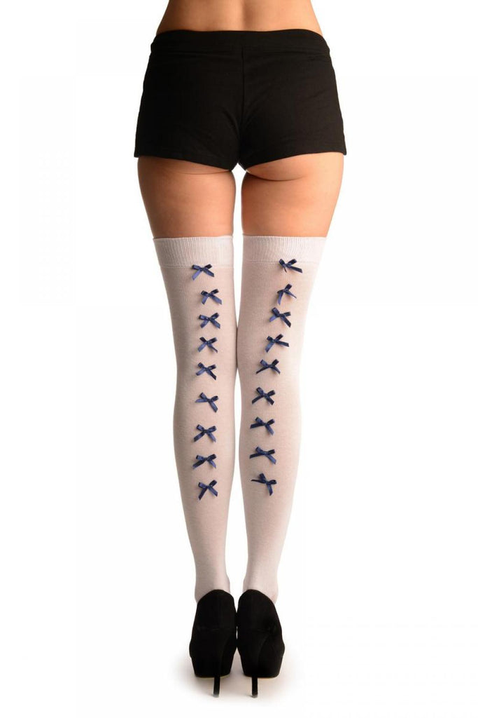 Liss Kiss White With Dark Blue Satin Bows At The Back - Over The Knee Socks