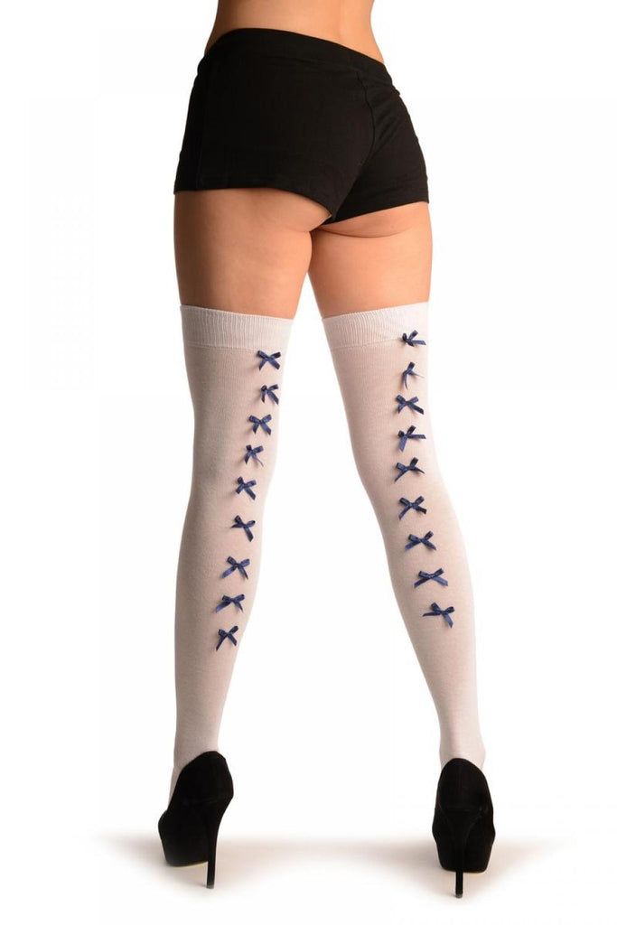 Liss Kiss White With Dark Blue Satin Bows At The Back - Over The Knee Socks