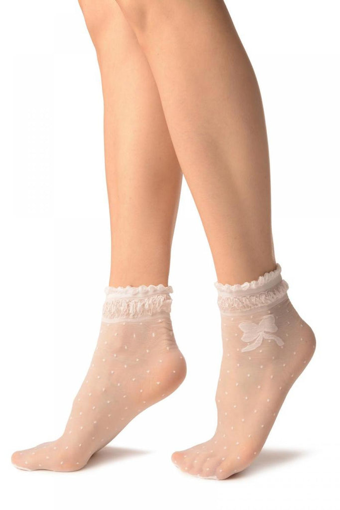 Liss Kiss White With Dots & Bow Comfort Top Ankle High Socks - Socks