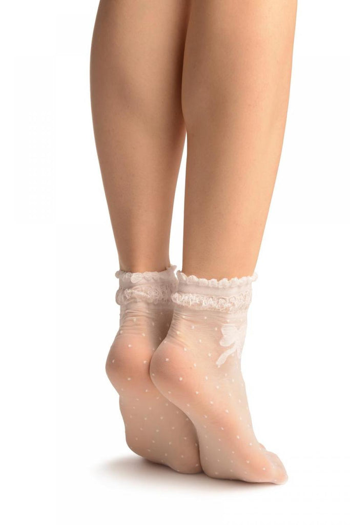 Liss Kiss White With Dots & Bow Comfort Top Ankle High Socks - Socks
