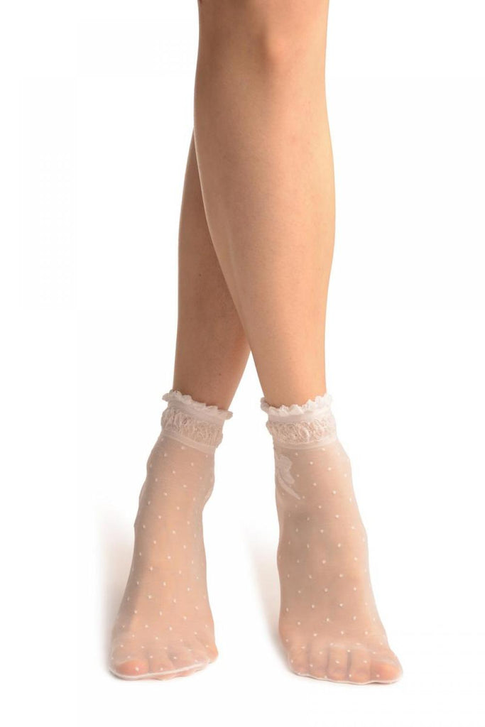 Liss Kiss White With Dots & Bow Comfort Top Ankle High Socks - Socks
