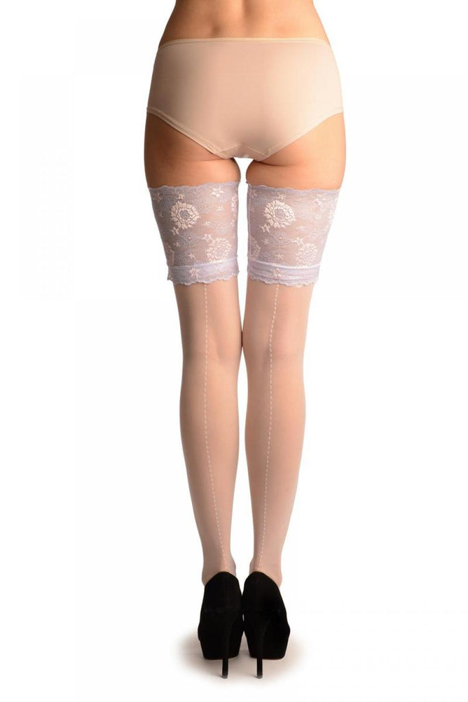 Liss Kiss White With Dotted Seam & Lilac Floral Silicon Lace - Hold Ups