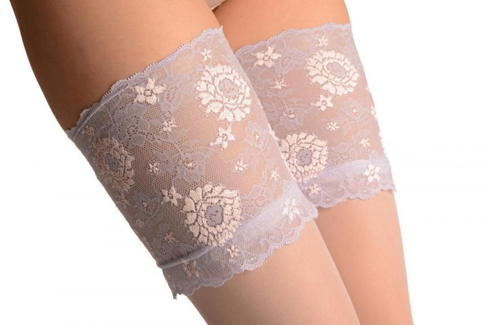 Liss Kiss White With Dotted Seam & Lilac Floral Silicon Lace - Hold Ups